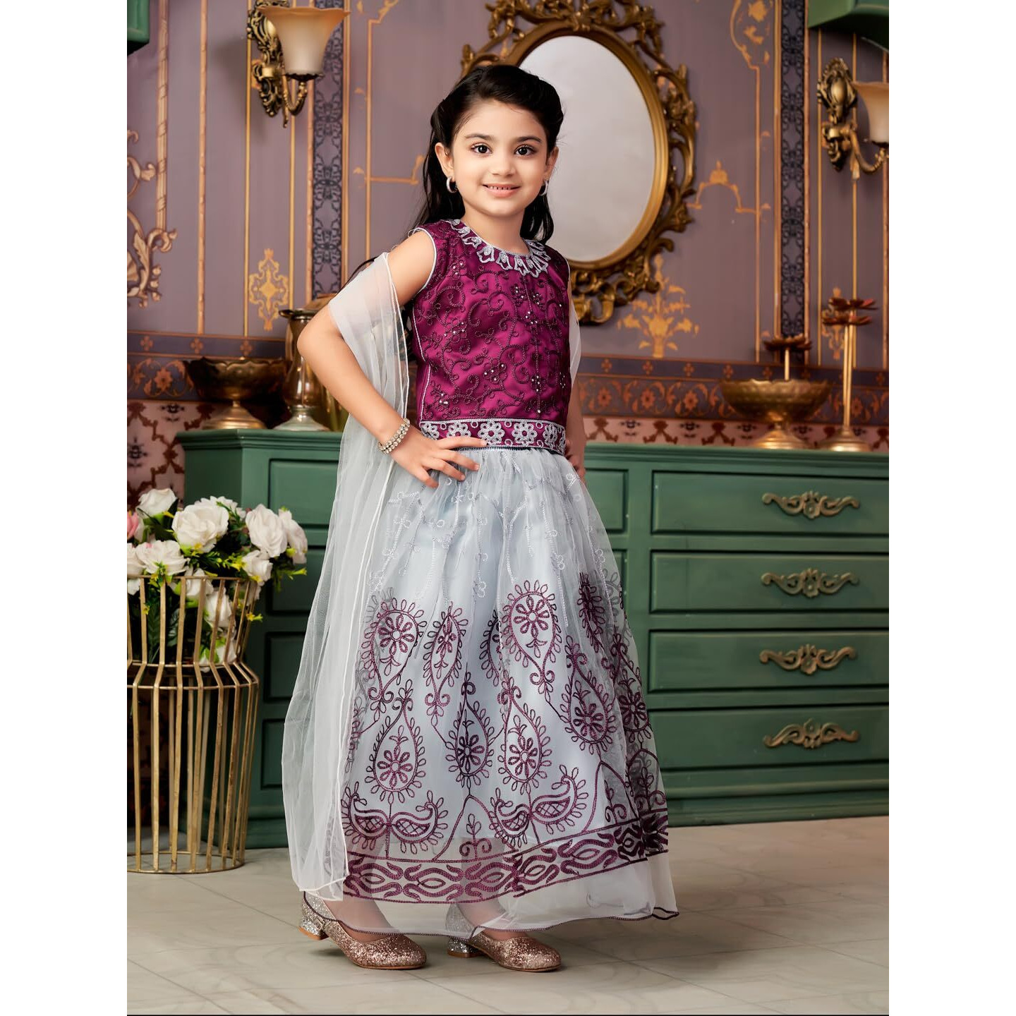 Aarika Girls Ethnic Wear Purple-Grey Colour Thread Embroidery Net Lehenga Choli Set With Dupatta-3-9 Years (Lch-Shm-1527)