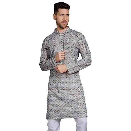 Divisive Men's Thread Embroidered Cotton Blend Only Slim Fit Kurta (Dkrt805_L_Off White - Blue)