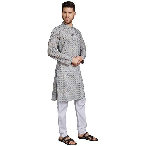 Divisive Men's Thread Embroidered Cotton Blend Only Slim Fit Kurta (Dkrt805_L_Off White - Blue)