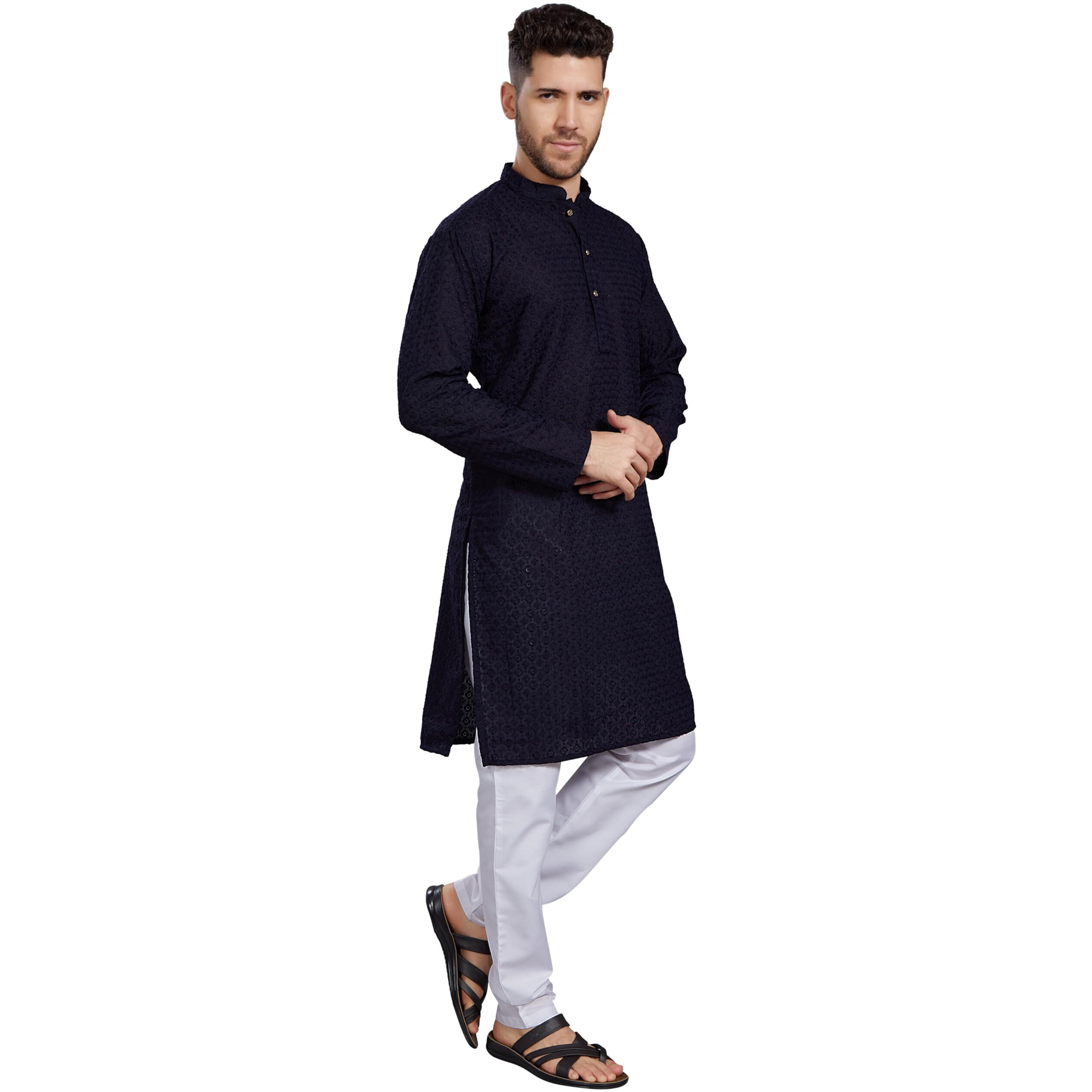 Divisive Men's Thread Embroidered Cotton Blend Only Slim Fit Kurta (Dkrt789_Xxl_Navy)