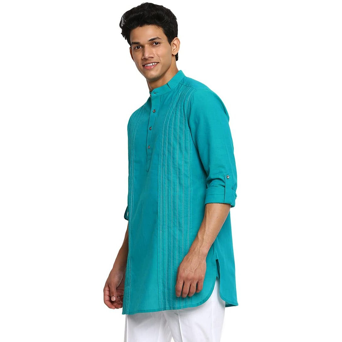 Fabindia Men Cotton Pintucks Short Kurta Teal_S