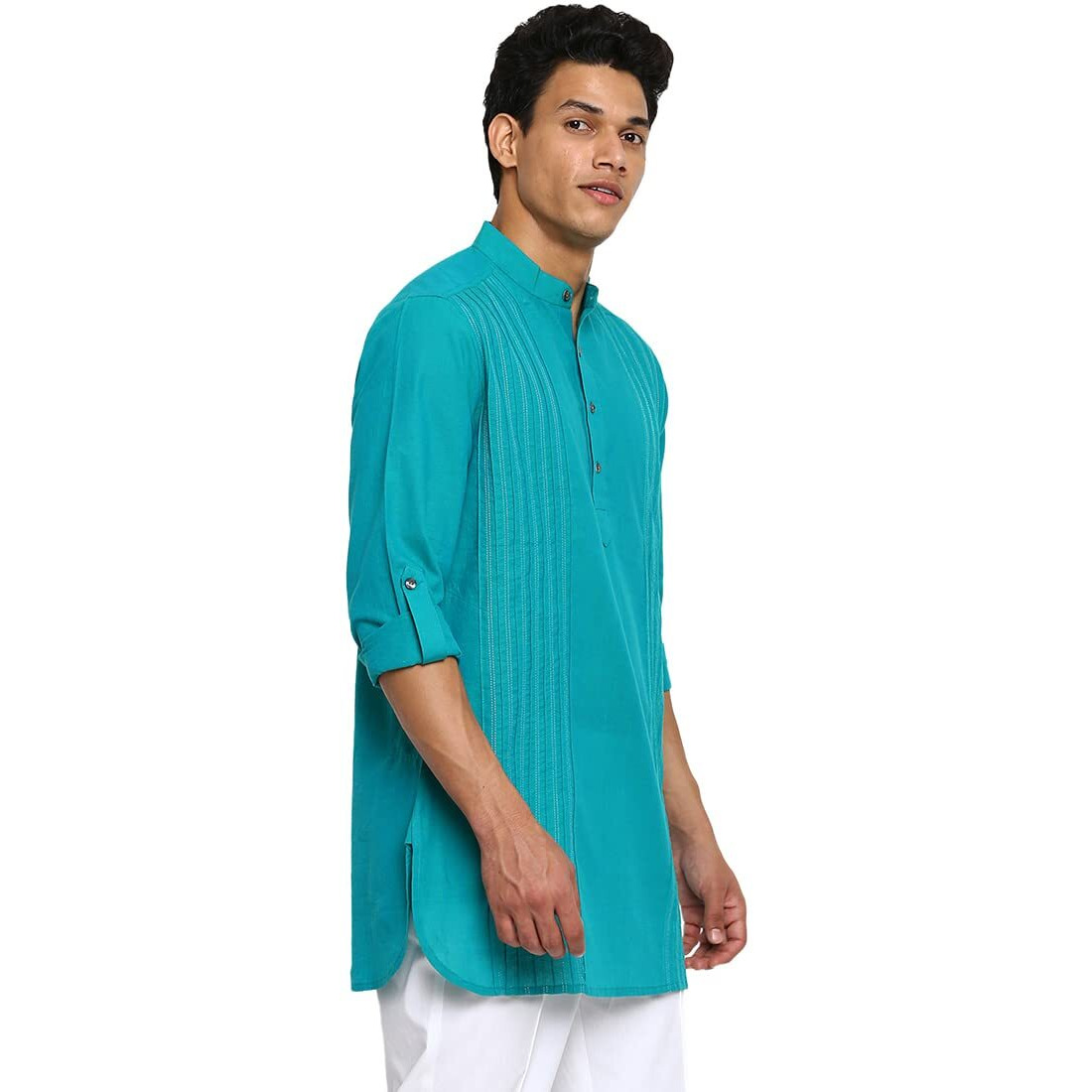 Fabindia Men Cotton Pintucks Short Kurta Teal_S