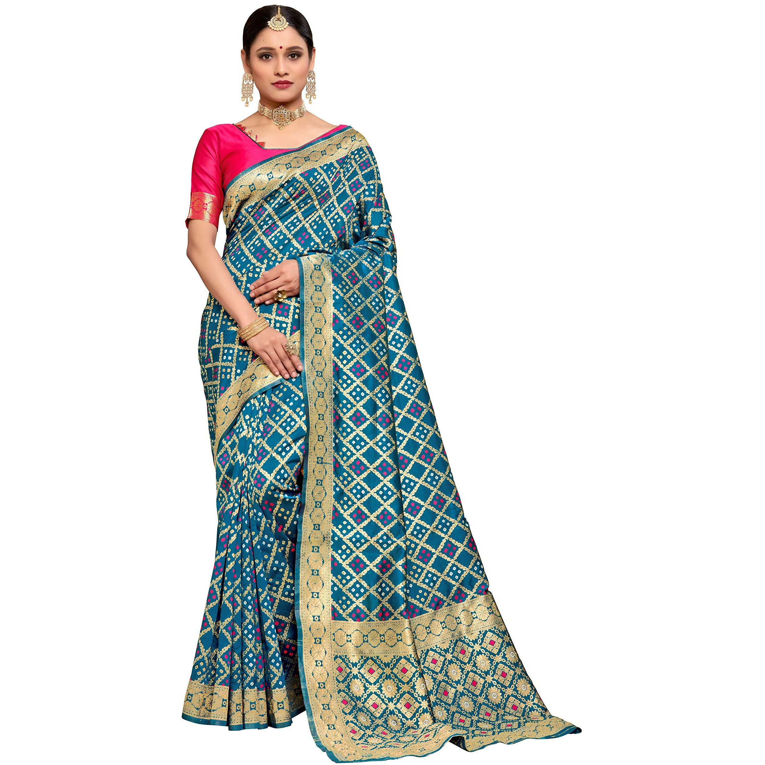 Glory Sarees Womens Bandhani Banarasi Silk Saree With Blouse Piece (Gs_Bandhani_Silk104_Firozi)