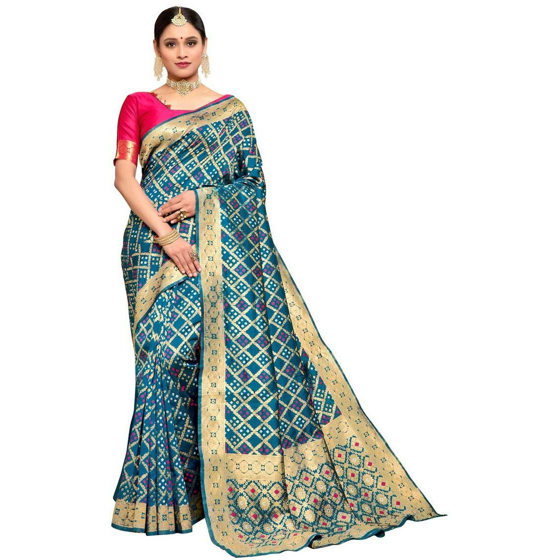 Glory Sarees Womens Bandhani Banarasi Silk Saree With Blouse Piece (Gs_Bandhani_Silk104_Firozi)