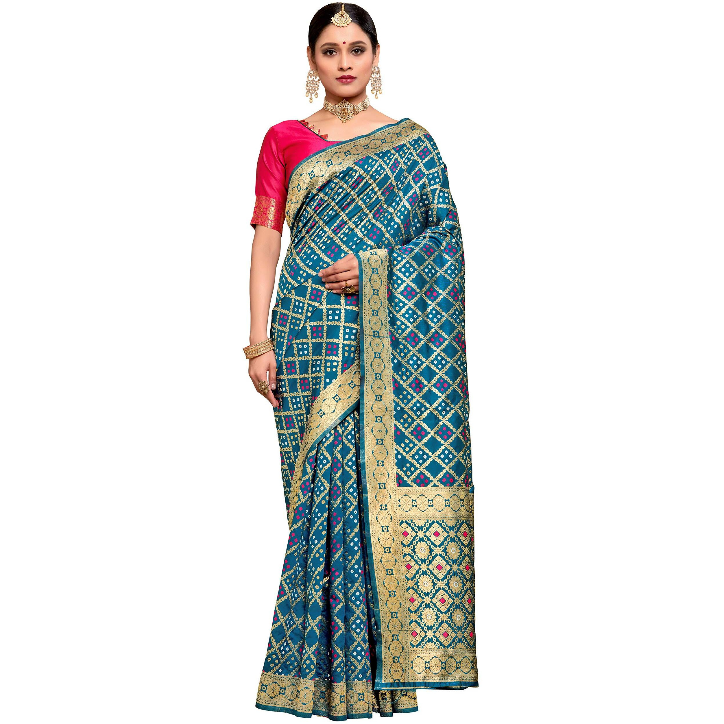 Glory Sarees Womens Bandhani Banarasi Silk Saree With Blouse Piece (Gs_Bandhani_Silk104_Firozi)