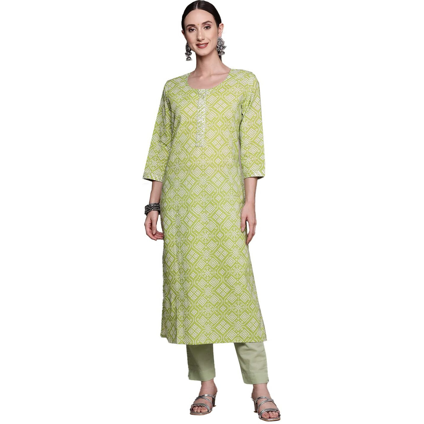 Ishin Women's Cotton A-Line Printed Gotta Patti Bandhani Print Green Kurti Inwka0344_Gn_S_Green
