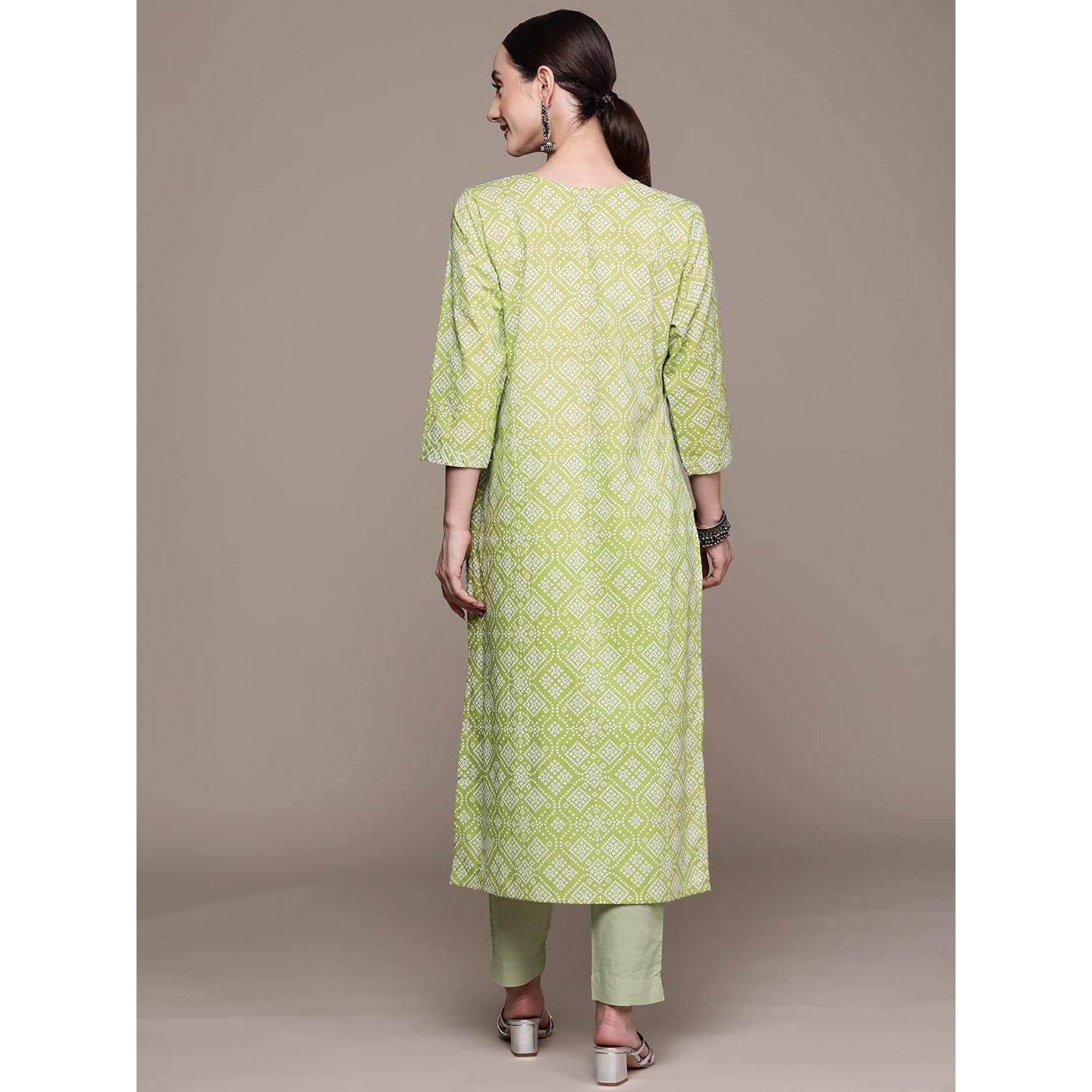 Ishin Women's Cotton A-Line Printed Gotta Patti Bandhani Print Green Kurti Inwka0344_Gn_S_Green