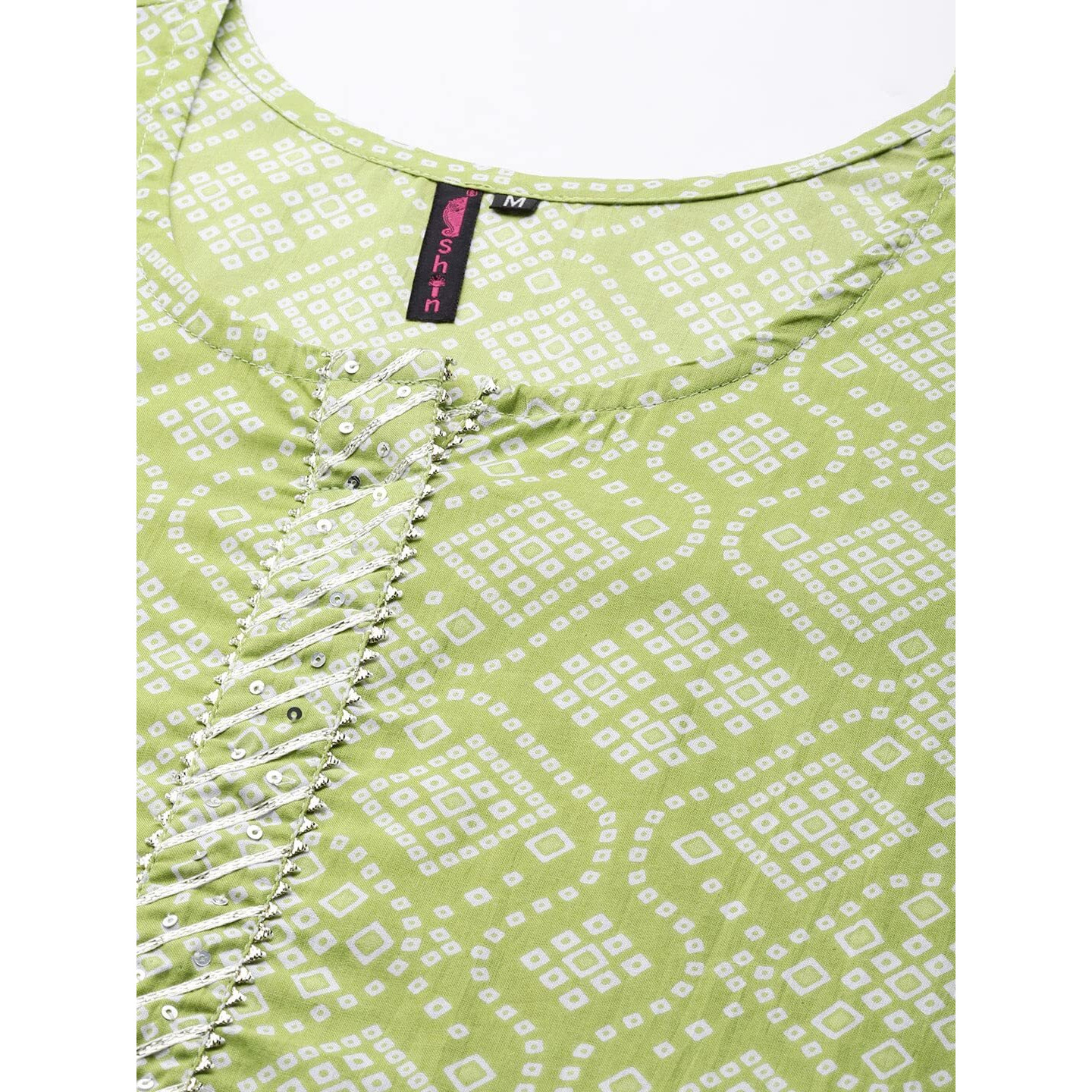 Ishin Women's Cotton A-Line Printed Gotta Patti Bandhani Print Green Kurti Inwka0344_Gn_S_Green