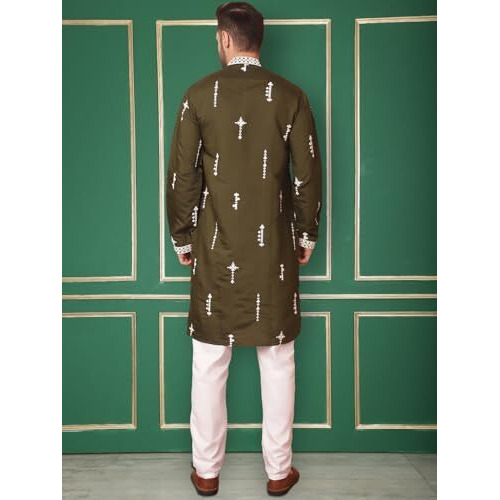 Jompers Mens Olive Collar Chikankari Embroidered Kurta With Pyjama. (Olive, L)