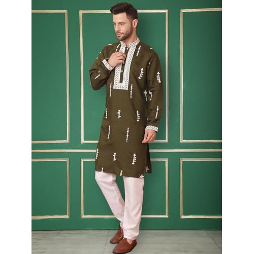 Jompers Mens Olive Collar Chikankari Embroidered Kurta With Pyjama. (Olive, L)