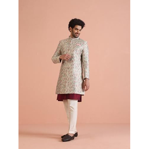 Kisah Men's Indo-Western Kurta Sherwani Trouser Set, Multi Cotton Blend, Jacquard Regular Fit Mandarin Collar Long Sleeves (40)