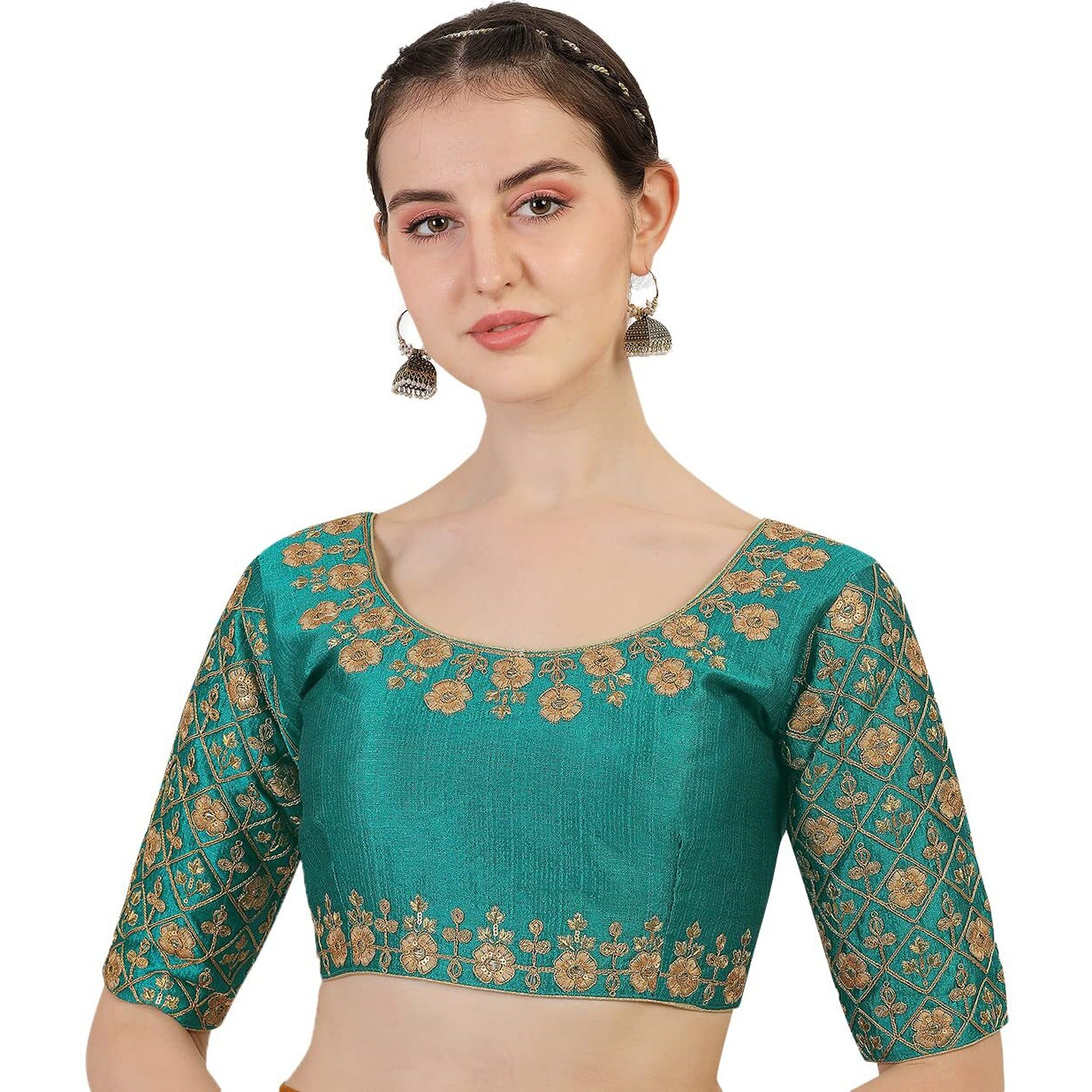 Pujia Mills Women's Phantom Silk Floral Half Sleeve Saree Blouse (Mbb_Rama_38 Size+Margin)