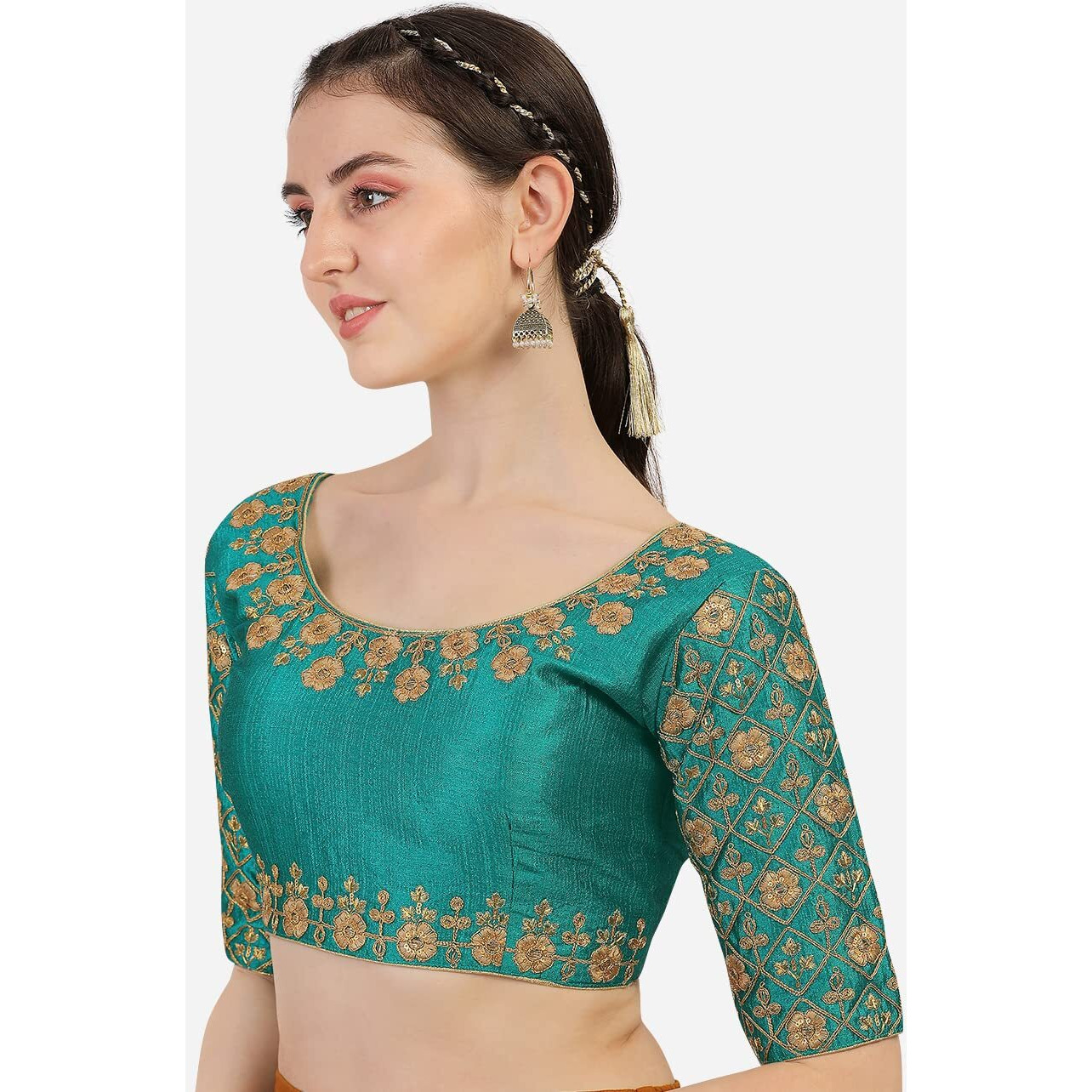 Pujia Mills Women's Phantom Silk Floral Half Sleeve Saree Blouse (Mbb_Rama_38 Size+Margin)
