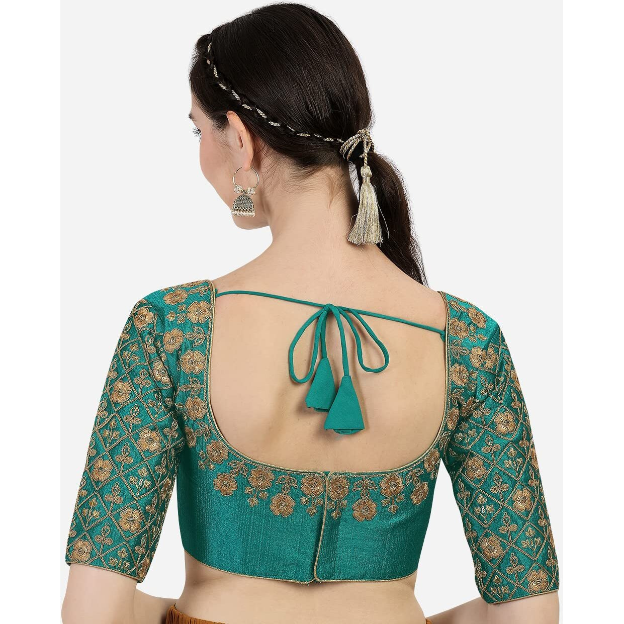 Pujia Mills Women's Phantom Silk Floral Half Sleeve Saree Blouse (Mbb_Rama_38 Size+Margin)