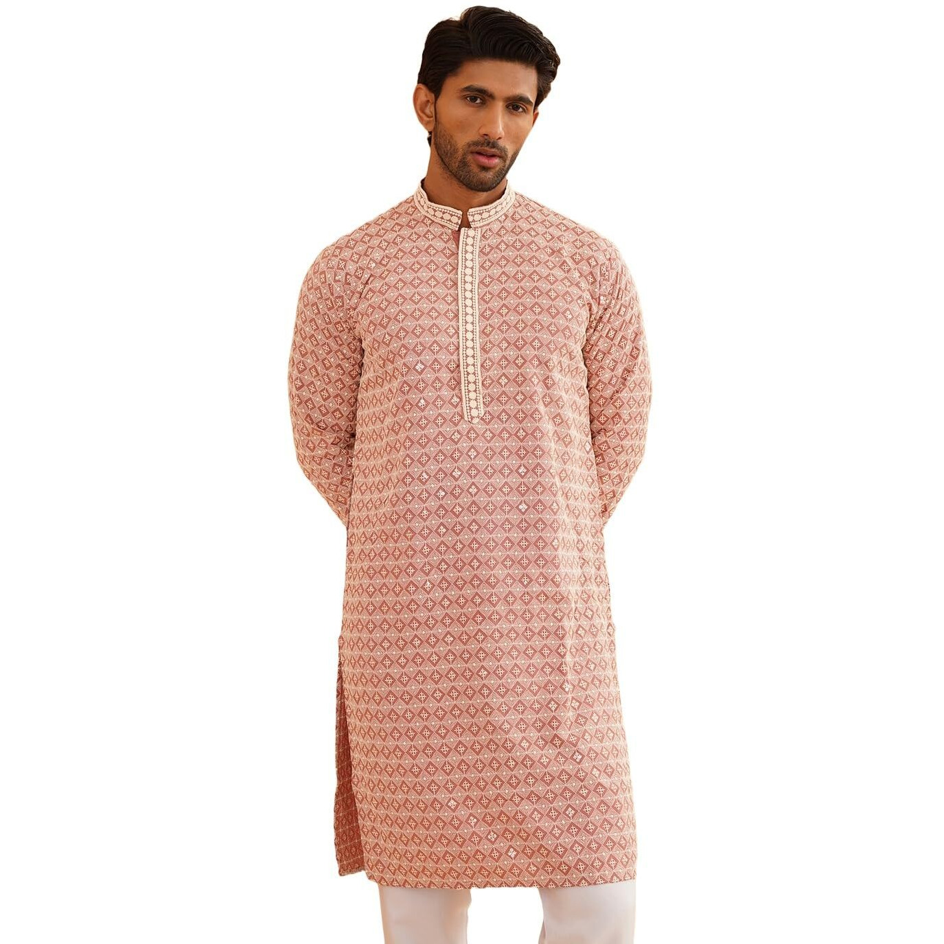 Sojanya (Since 1958 Men's Cotton Contrast Embroidered Sequinned Peach Long Kurta
