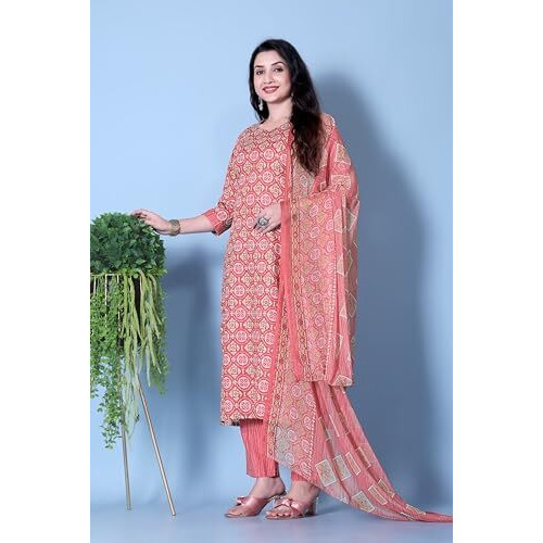 Tadkee Women's Cotton Blend Kurta Set (Fn-Kurta-Set-Dupatta-136-Red-M_Red