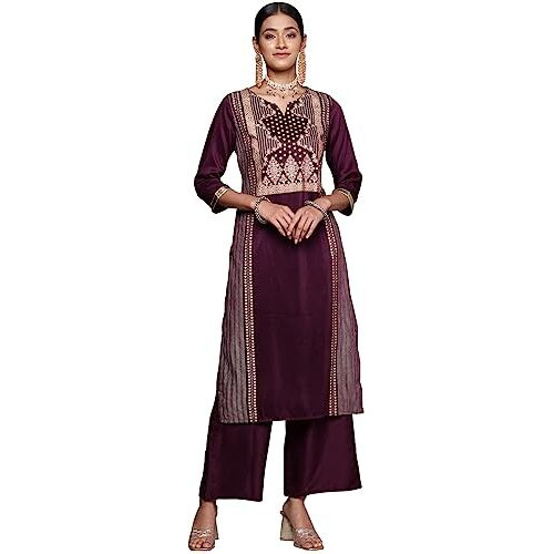 Ziyaa Women's Purple Chinon Straight Kurta Palazzo Set (Zikuch3965Andpl-M)