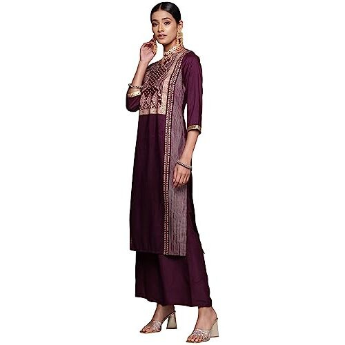 Ziyaa Women's Purple Chinon Straight Kurta Palazzo Set (Zikuch3965Andpl-M)