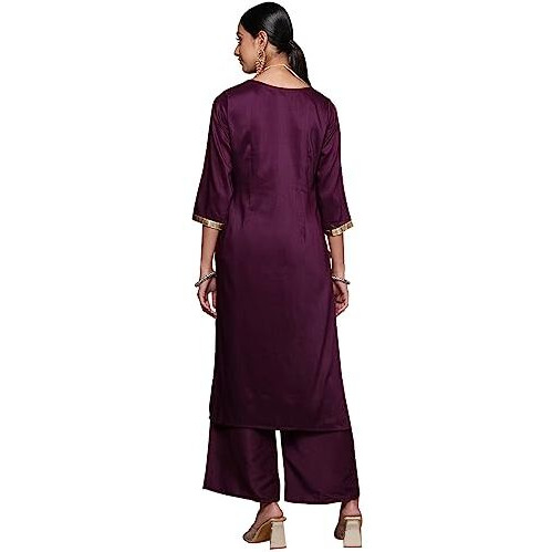 Ziyaa Women's Purple Chinon Straight Kurta Palazzo Set (Zikuch3965Andpl-M)
