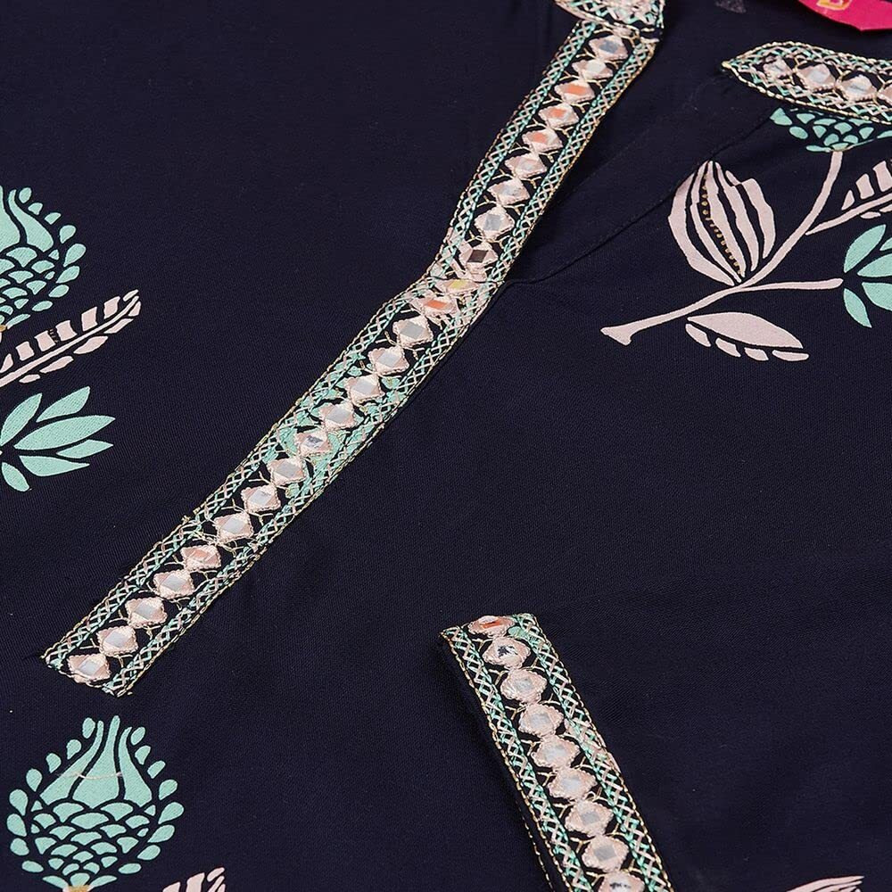 Anubhutee Women's Rayon Blue Mirror Work Floral Embroidered Straight Kurta