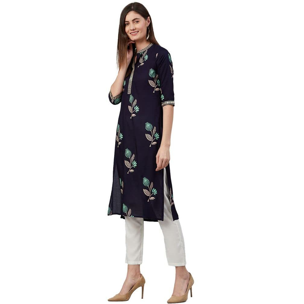 Anubhutee Women's Rayon Blue Mirror Work Floral Embroidered Straight Kurta
