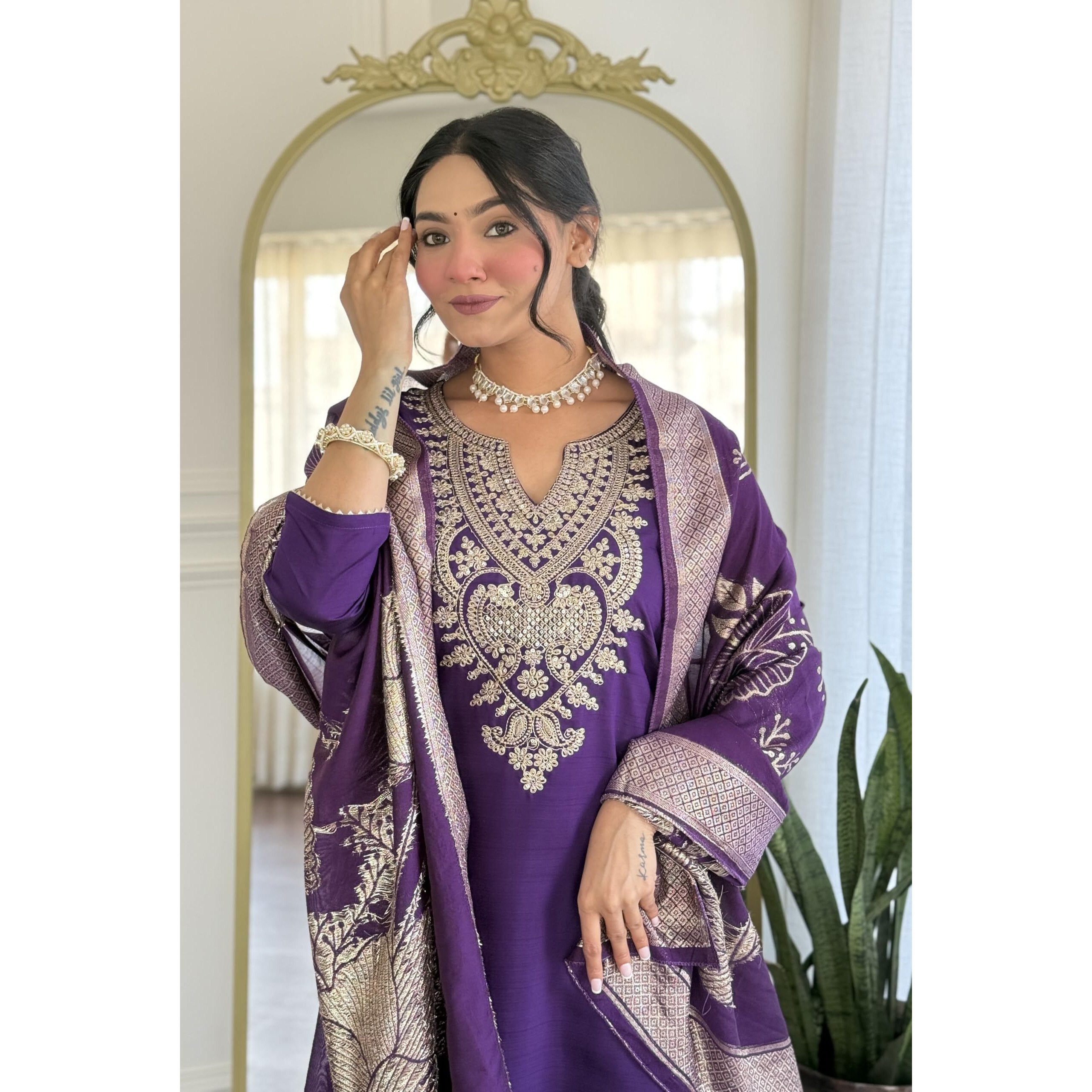 Nermosa Womens Silk Solid Purple Kurta Set With Dupatta Golden Embroidery Work (In, Alpha, M, Purple)