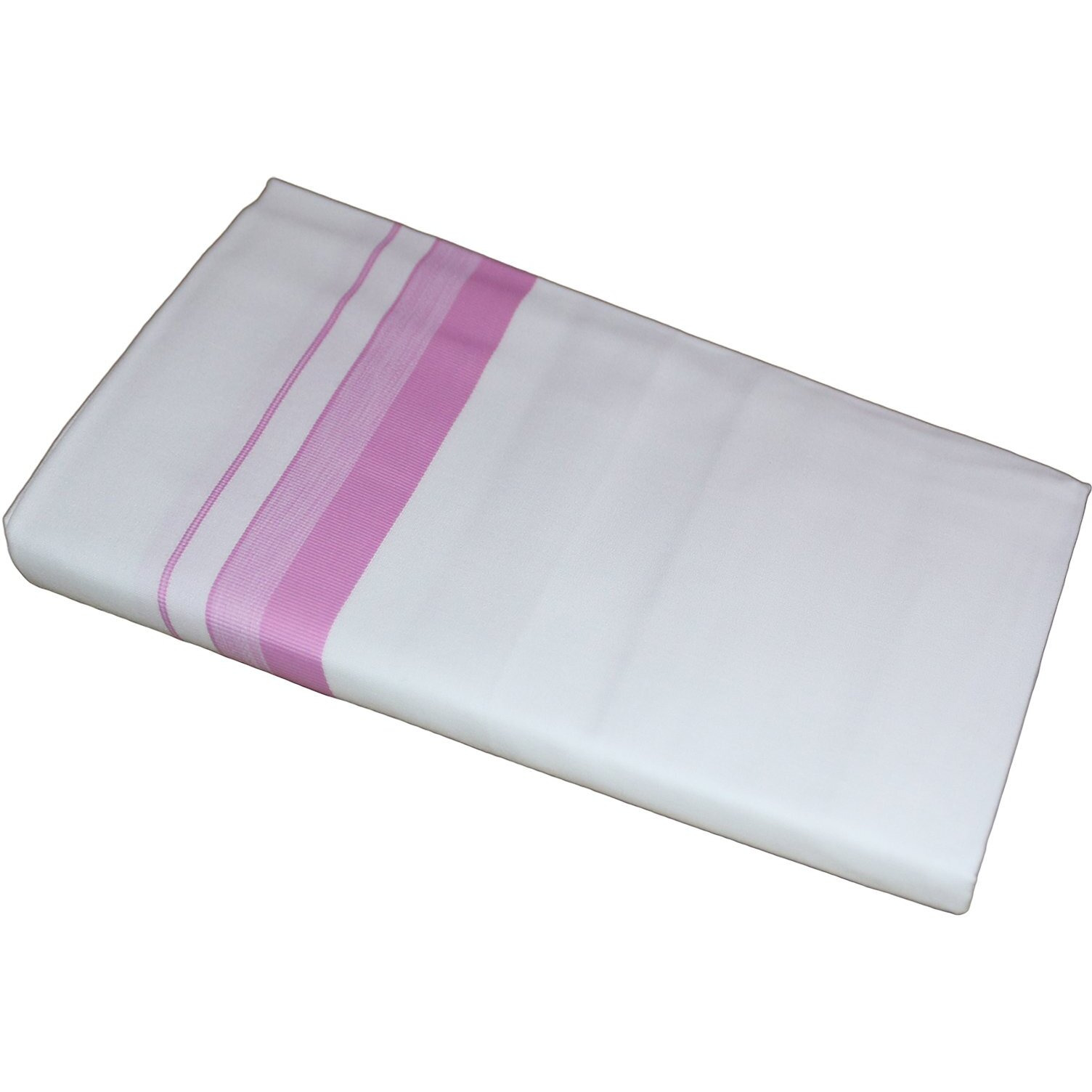 Prakasam Cotton Mens White Single Poly Cotton Dhoti With Fancy Border (1.28X2.00 Mtrs) (Gold Star) (Pink)