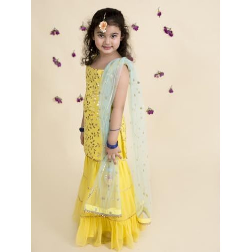 Pspeaches Girl's Georgette Fit And Flare Floor Length Dress (Iw-Yellowfoilggt-2_Yellow