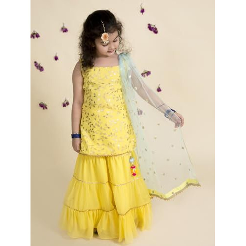 Pspeaches Girl's Georgette Fit And Flare Floor Length Dress (Iw-Yellowfoilggt-2_Yellow