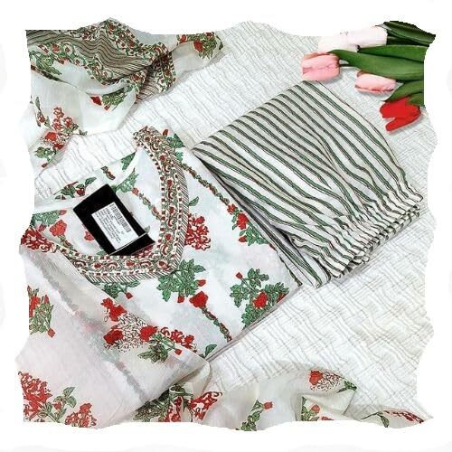 Pinkmint Women's Hevy Cotton Blend White Kurta Set L Stitched Printed Dupatta Set L Stylish Women Festival Dress (Pack Of 1)
