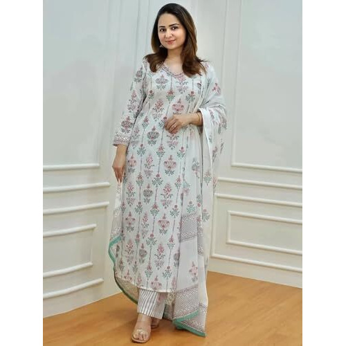 Pinkmint Women's Hevy Cotton Blend White Kurta Set L Stitched Printed Dupatta Set L Stylish Women Festival Dress (Pack Of 1)