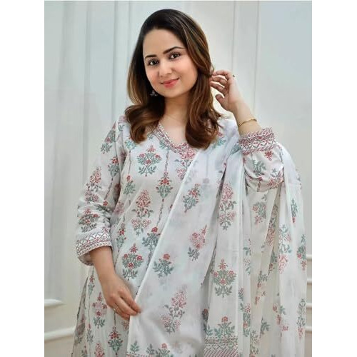 Pinkmint Women's Hevy Cotton Blend White Kurta Set L Stitched Printed Dupatta Set L Stylish Women Festival Dress (Pack Of 1)