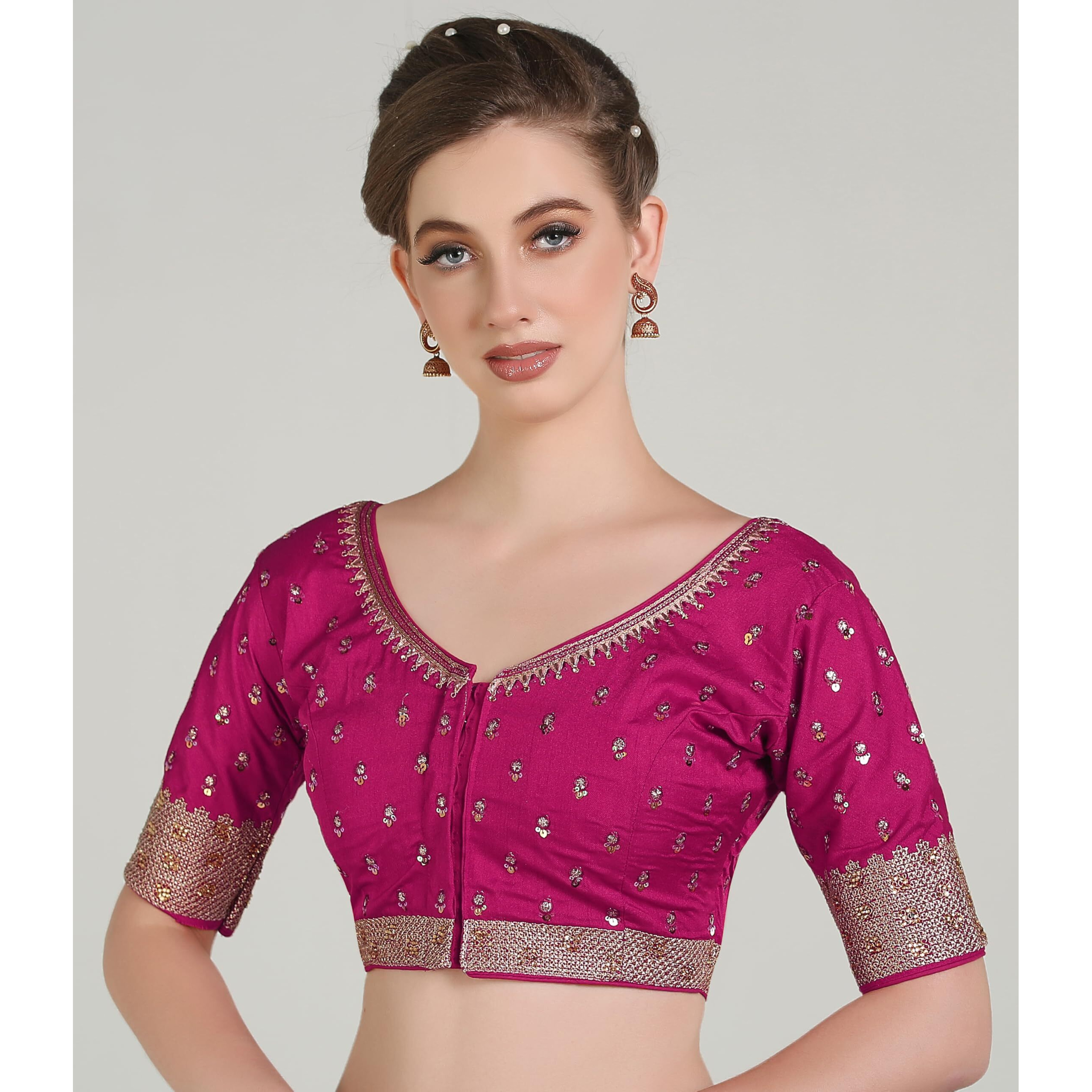 Pujia Mills Women Indian Ethnic Wear Designer Golden Codding With Zari Embroidered Diamond Work Round Neck Half Sleeve Readymade Aari Work Saree Blouse Bridal Readymade Blouse Pink Lehenga Choli