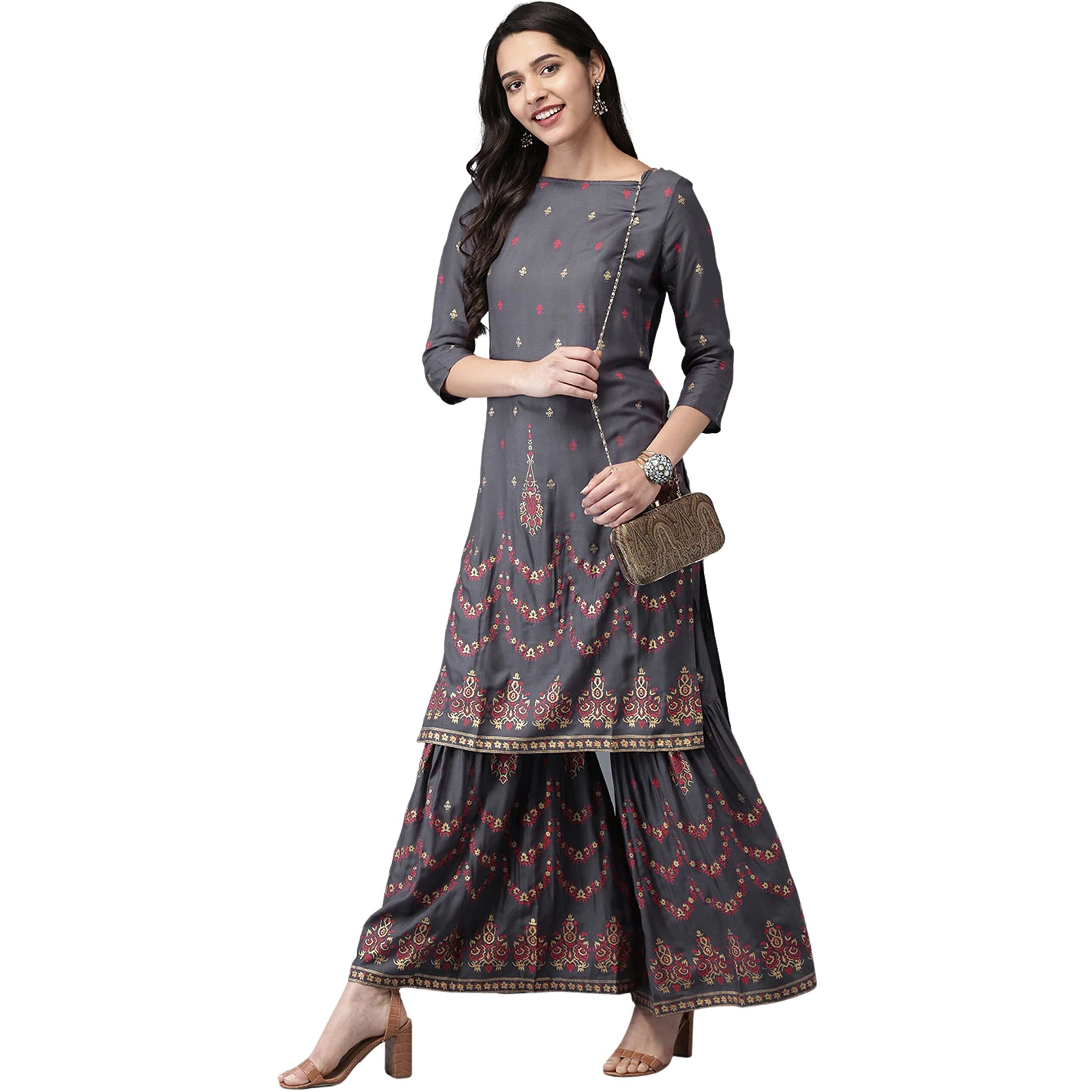 Rytras Women's Rayon Printed Straight Kurti With Sharara Set(Ryt269_Grey_Small)
