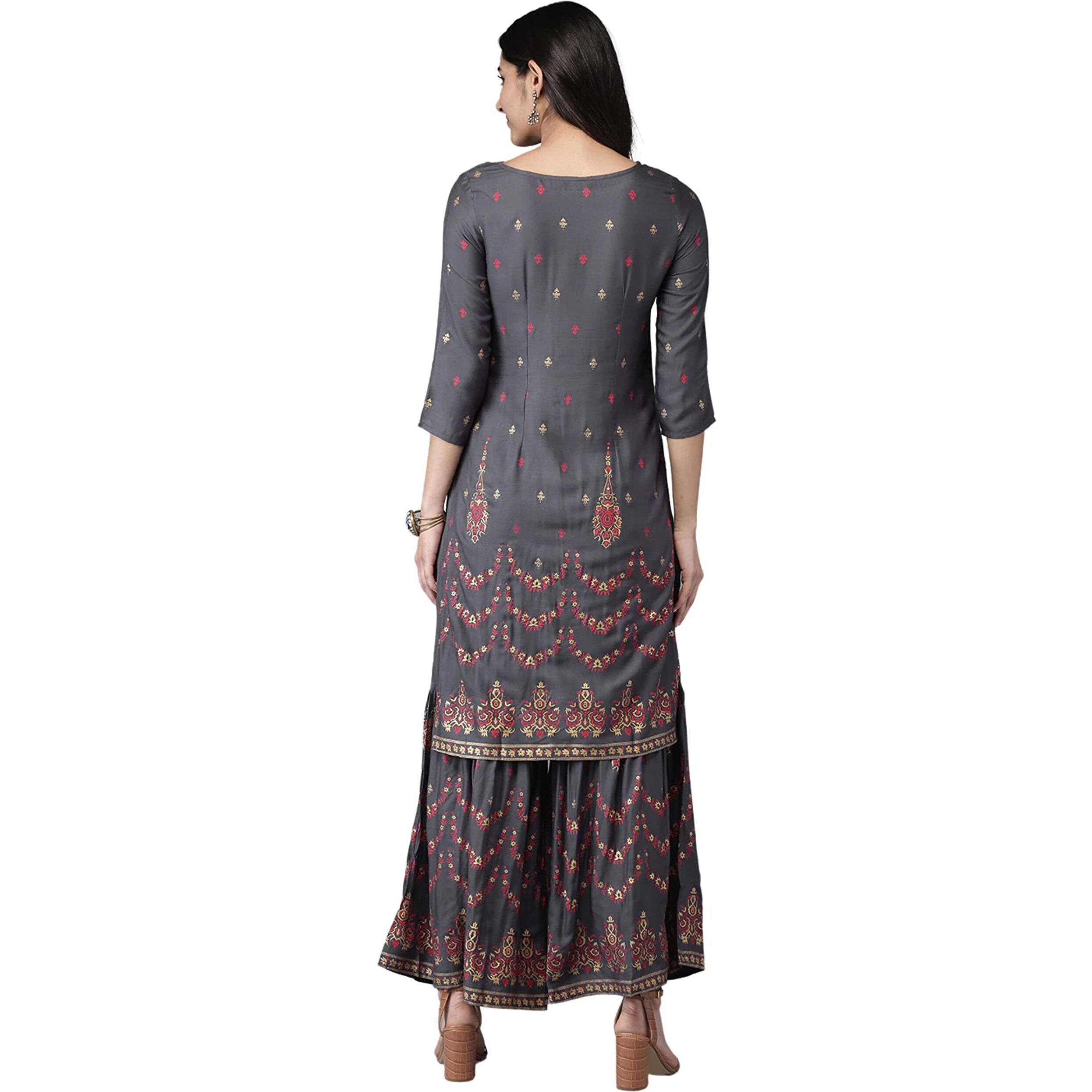 Rytras Women's Rayon Printed Straight Kurti With Sharara Set(Ryt269_Grey_Small)
