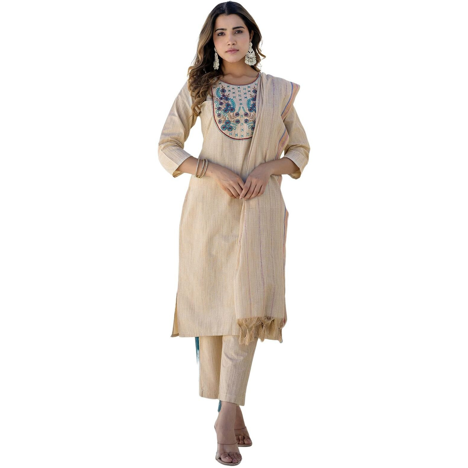 Sanisa Women's Cotton Weaving & Embroidery Straight Kurta With Pant And Dupatta Set (234Kbd2473Nb-M_Beige)