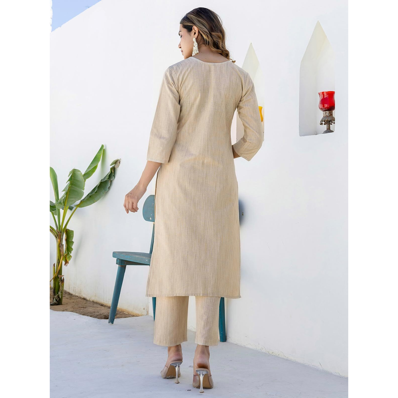 Sanisa Women's Cotton Weaving & Embroidery Straight Kurta With Pant And Dupatta Set (234Kbd2473Nb-M_Beige)