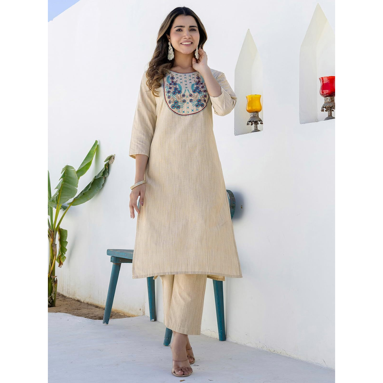 Sanisa Women's Cotton Weaving & Embroidery Straight Kurta With Pant And Dupatta Set (234Kbd2473Nb-M_Beige)