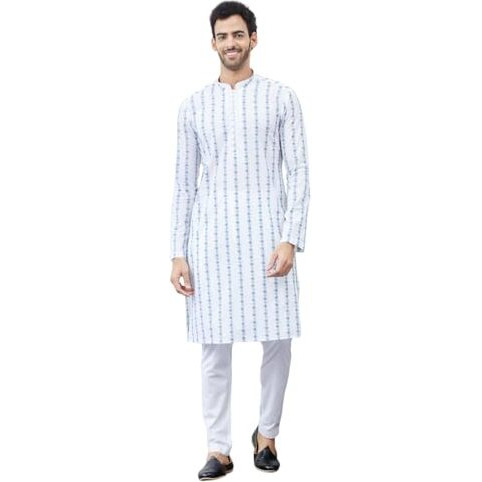 See Designs White & Blue Cotton Regular Fit Chikankari Kurta Mandarin Collar Long Sleeves_Sdkt1430M