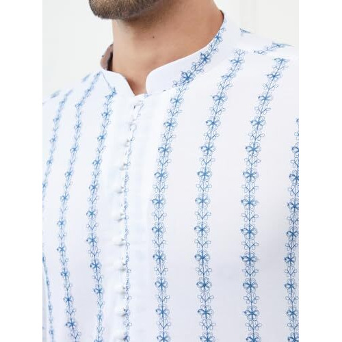 See Designs White & Blue Cotton Regular Fit Chikankari Kurta Mandarin Collar Long Sleeves_Sdkt1430M