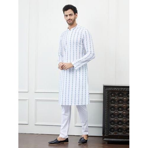 See Designs White & Blue Cotton Regular Fit Chikankari Kurta Mandarin Collar Long Sleeves_Sdkt1430M
