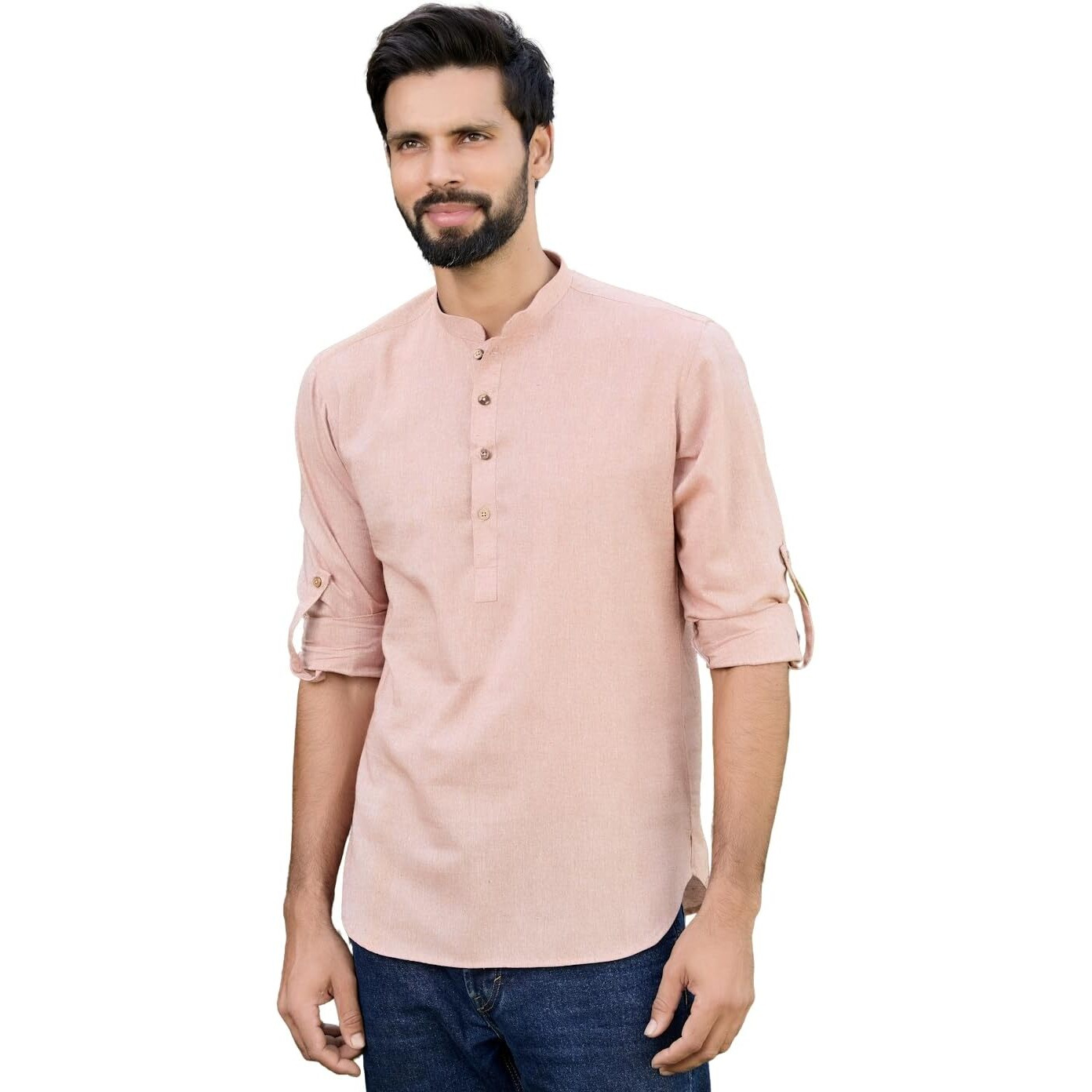 See Designs Men's Roll-Up Sleeve Mandarin Collar Men Light Brown Pure Cotton Short Kurta - Sdkt2972M
