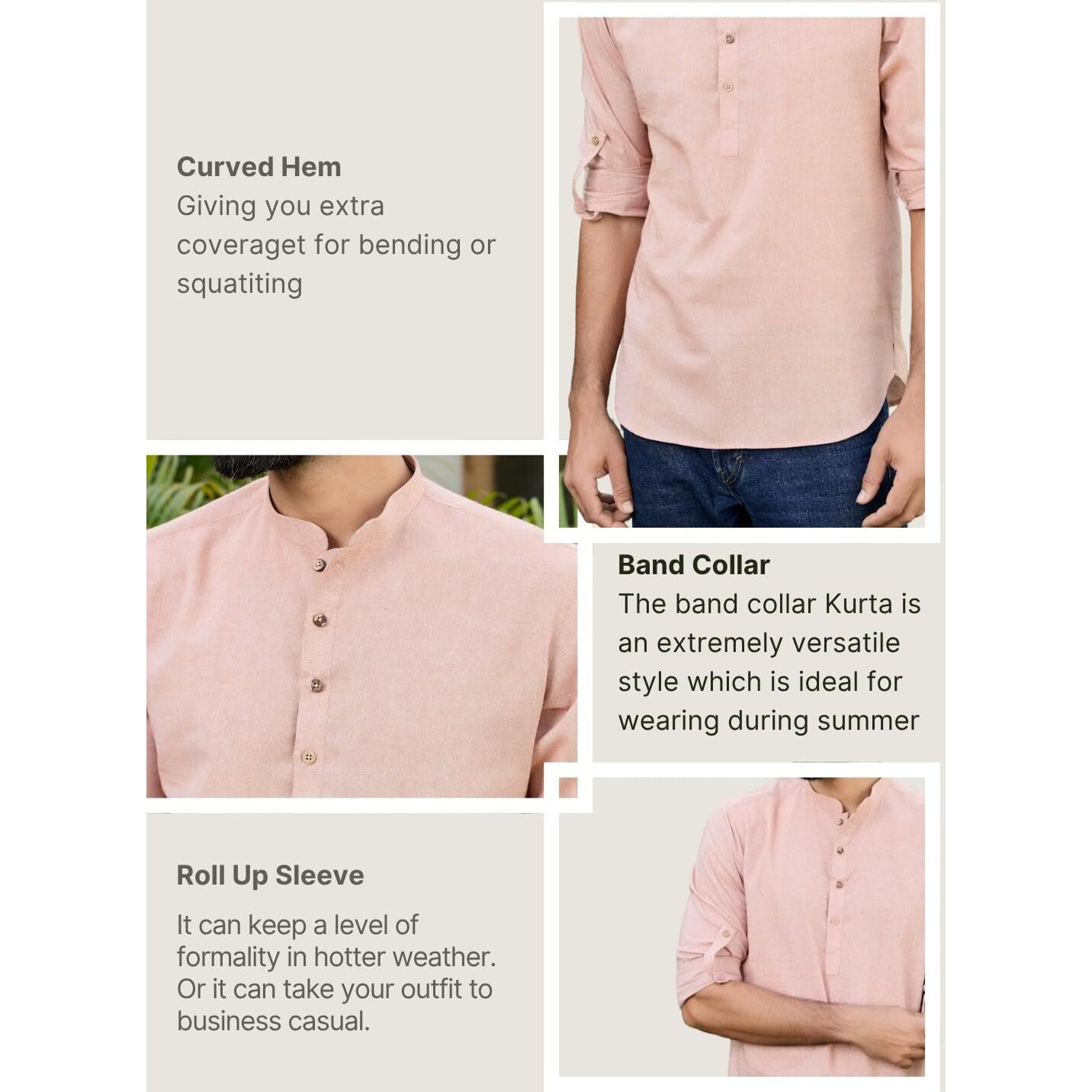 See Designs Men's Roll-Up Sleeve Mandarin Collar Men Light Brown Pure Cotton Short Kurta - Sdkt2972M