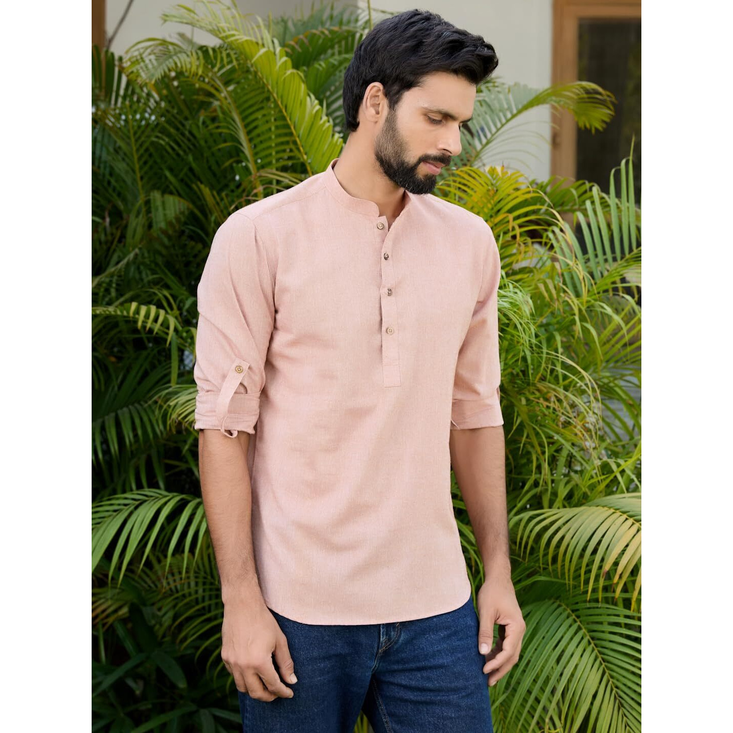 See Designs Men's Roll-Up Sleeve Mandarin Collar Men Light Brown Pure Cotton Short Kurta - Sdkt2972M