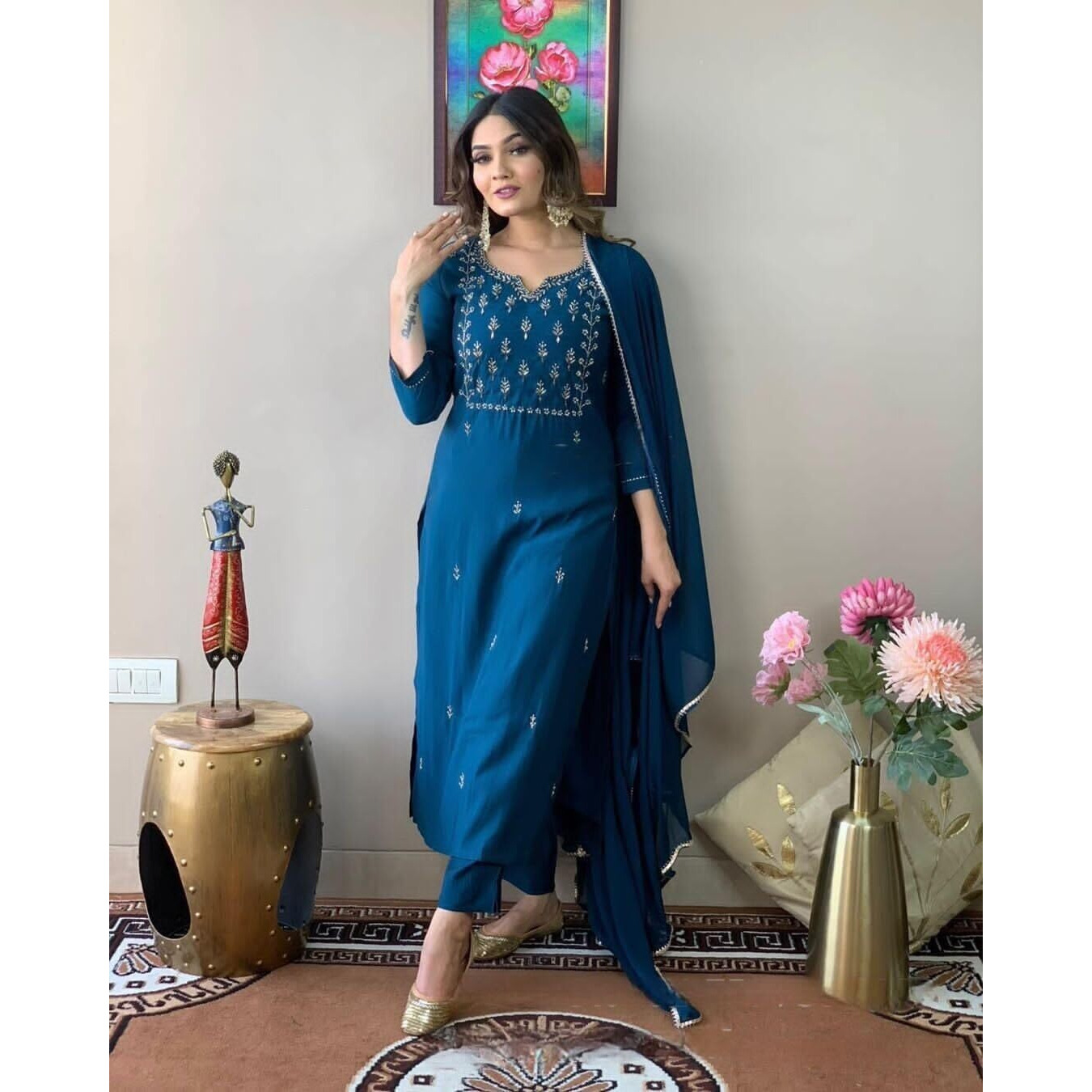 Shiv Textiles Women's Viscose Rayon Embroidered Kurta Pant Dupatta Set(Jda-Kayra-Rama-M)