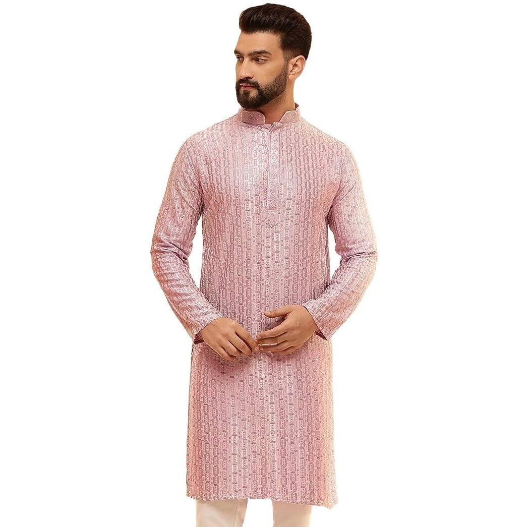 Sojanya (Since 1958 Men's Cotton Rayon Shiny Thread Sequinned Pink Only Long Kurta
