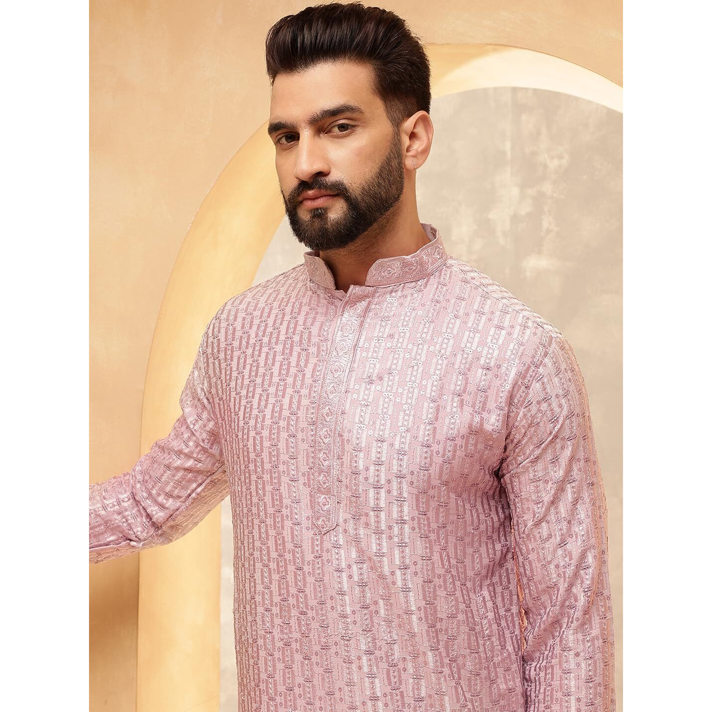 Sojanya (Since 1958 Men's Cotton Rayon Shiny Thread Sequinned Pink Only Long Kurta