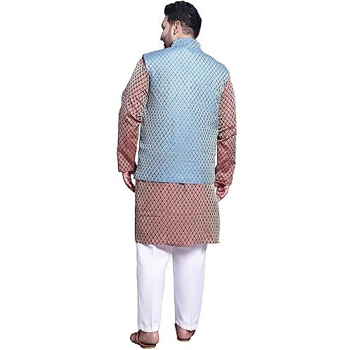 Sojanya (Since 1958 Men's Silk Blend Maroon Kurta & Pblue Nehrujacket With White Pyjama