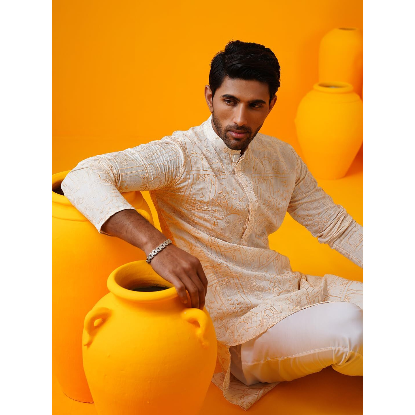 Sojanya (Since 1958 Men's Cotton Silk Kantha Thread Embroidered Cream Kurta With White Pyjama