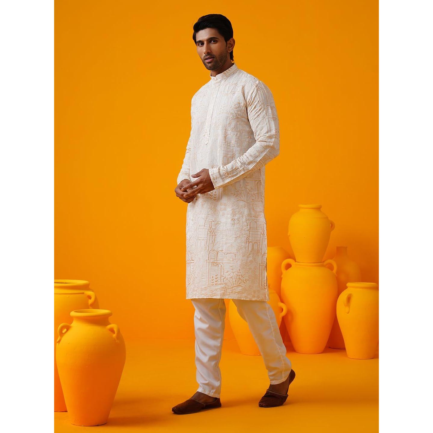 Sojanya (Since 1958 Men's Cotton Silk Kantha Thread Embroidered Cream Kurta With White Pyjama